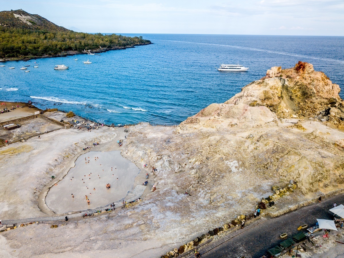 An aerial drone photo of the Vulcano mud baths in Italy.