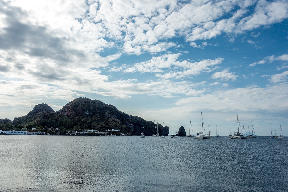 Sailboats in the bay in Vulcano off Sicily