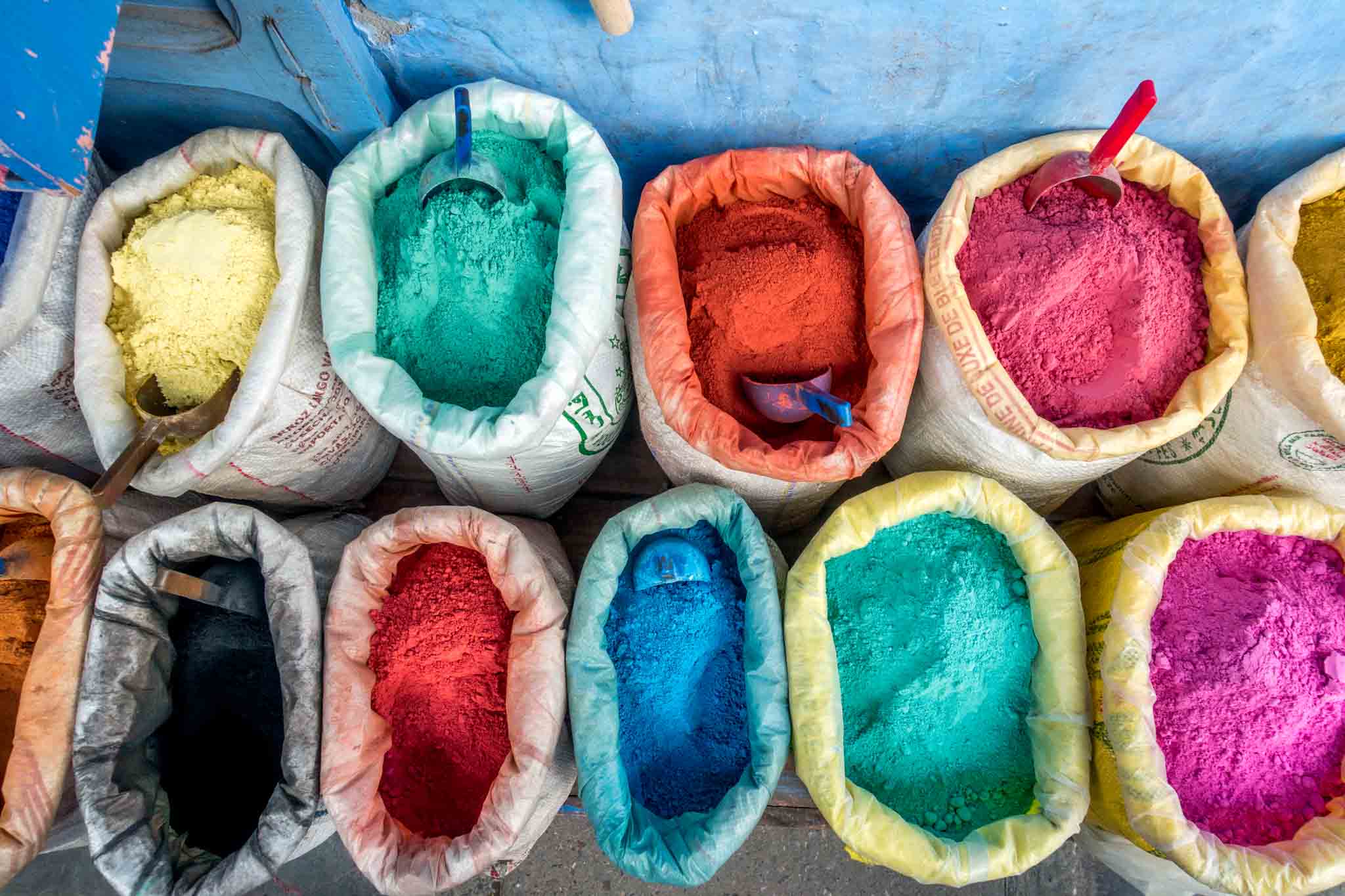 Brightly-colored pigment in Chefchaouen, Morocco