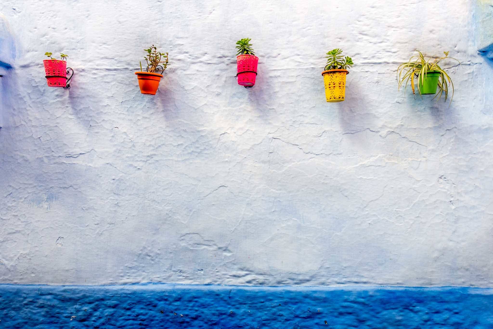 Colorful pots line the walls of Morocco's blue town--Chefchaouen