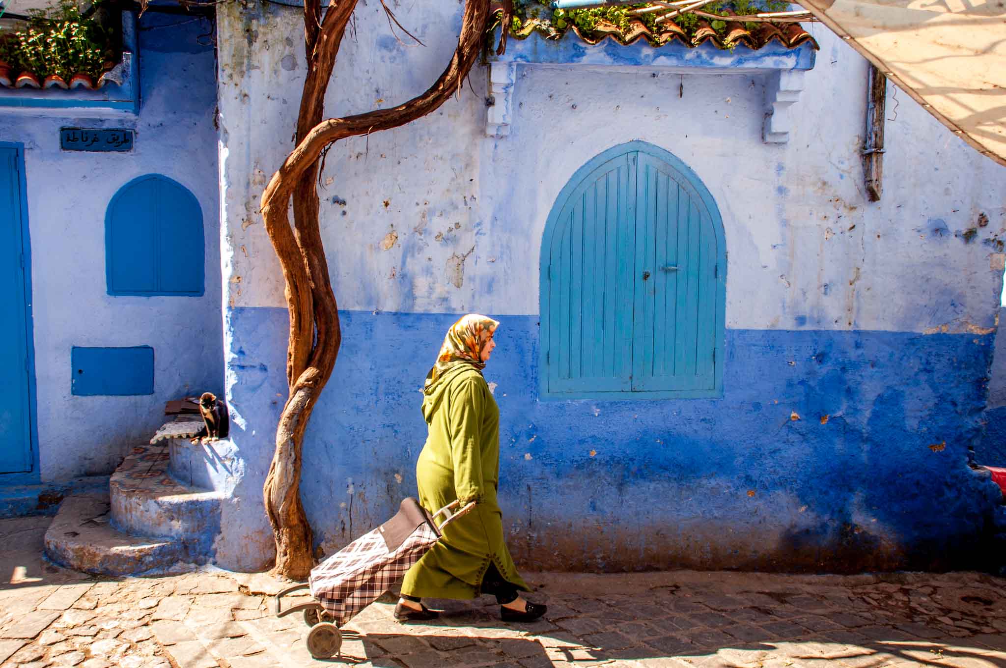 Woman walking in Chefchaouen blue city in Morocco