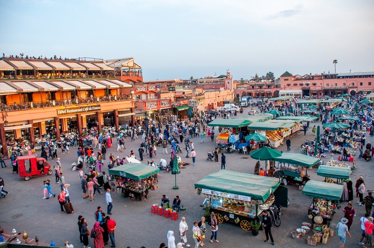 The night market of Marrakesh at sunset. We were thankful we had a roaming wifi device on the go to help us navigate the narrow lanes of Marrakesh. We would have been totally lost without portable wifi.