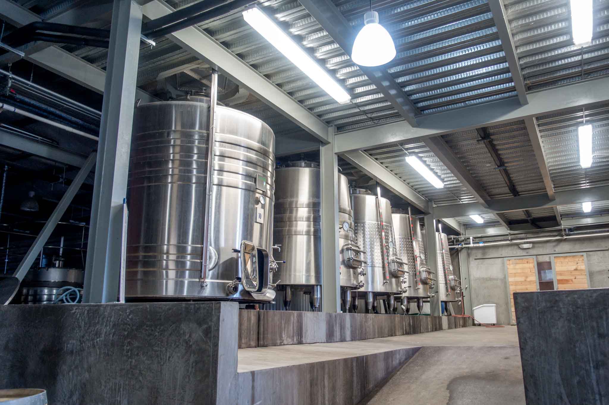 Steel production tanks at a winery