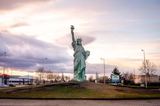 Replica of the Statue of Liberty in a roundabout in Colmar, France