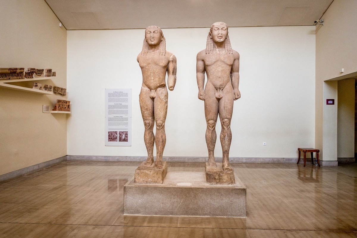 The Cleobis and Biton statues in the Delphi Archaeological Museum - this is one of the many impressive artifacts from Delphi ancient Greece.