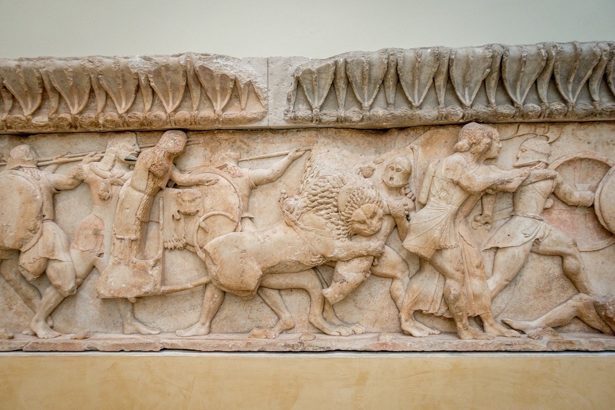 High relief or frieze from the Treasury of the Siphnians in Delphi. This was one of the many treasuries built to house gifts to the Oracle Delphi.