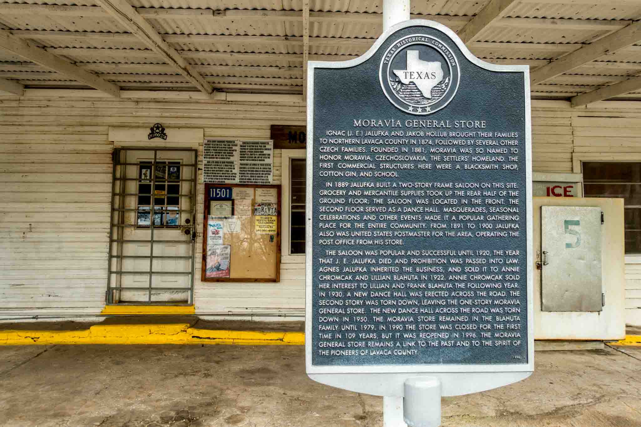 Historical marker for the Moravia, Texas, general store