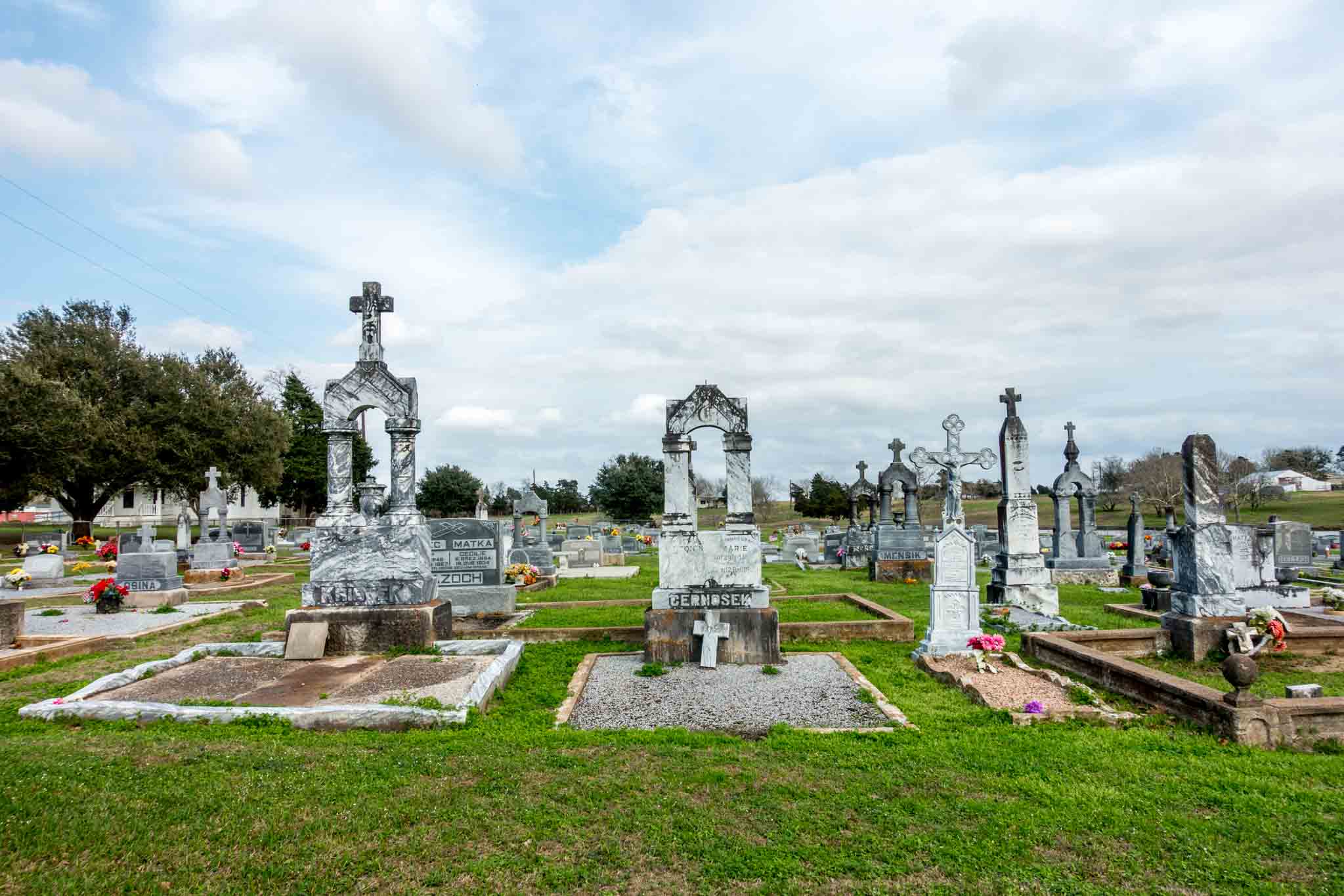 Cemetery with tall tombstones