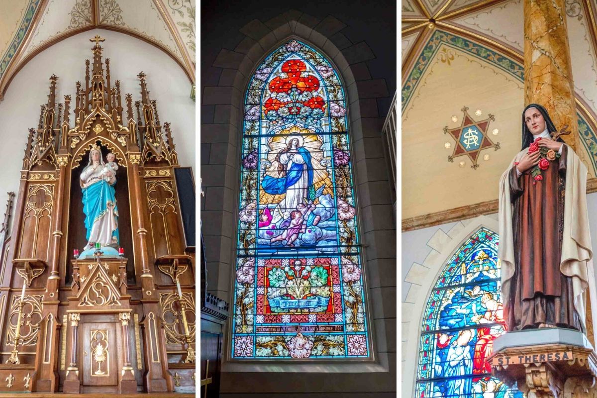 Statues and stained glass as seen on a painted churches of Texas tour