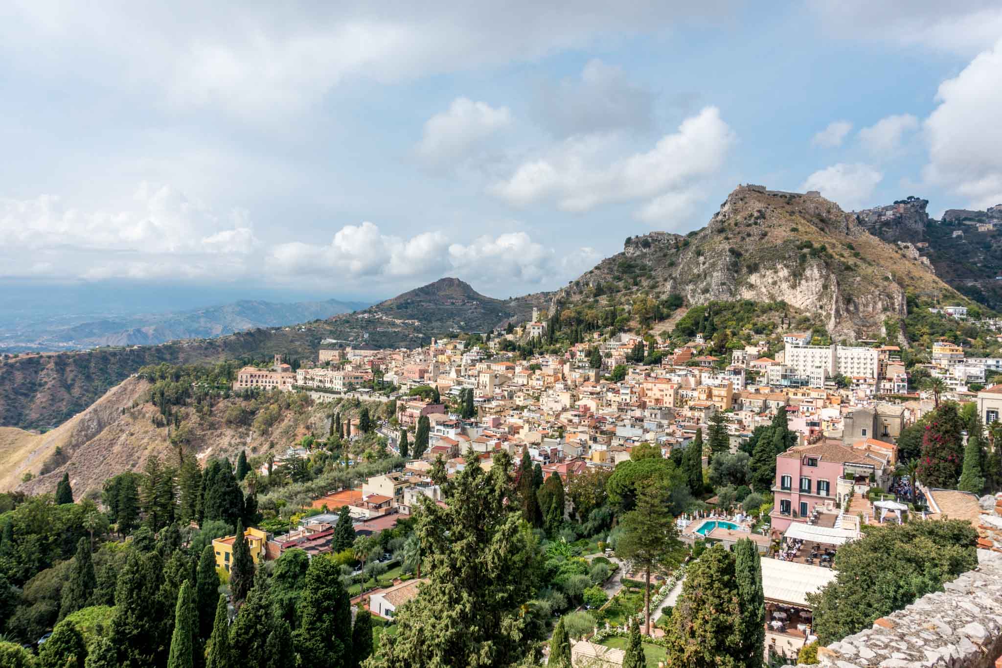 View Sicilian town from Taormina's Greek Theater