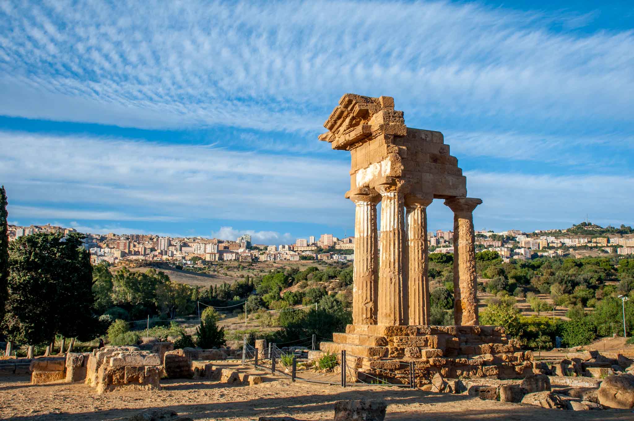 Partial temple ruins on a hilltop in Agrigento