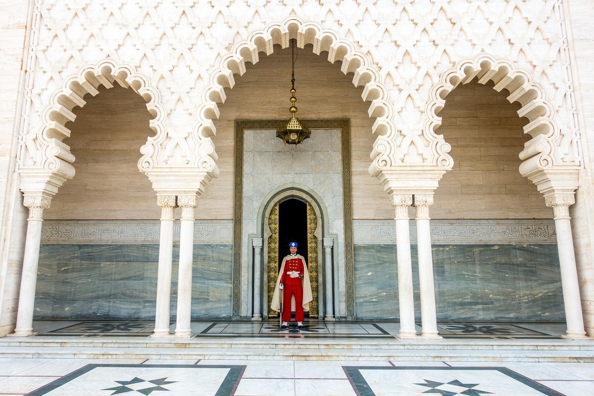 Mausoleum Mohammed V in Rabat. Out of courtesy and for travel safety in Morocco, ask permission before photographing people.