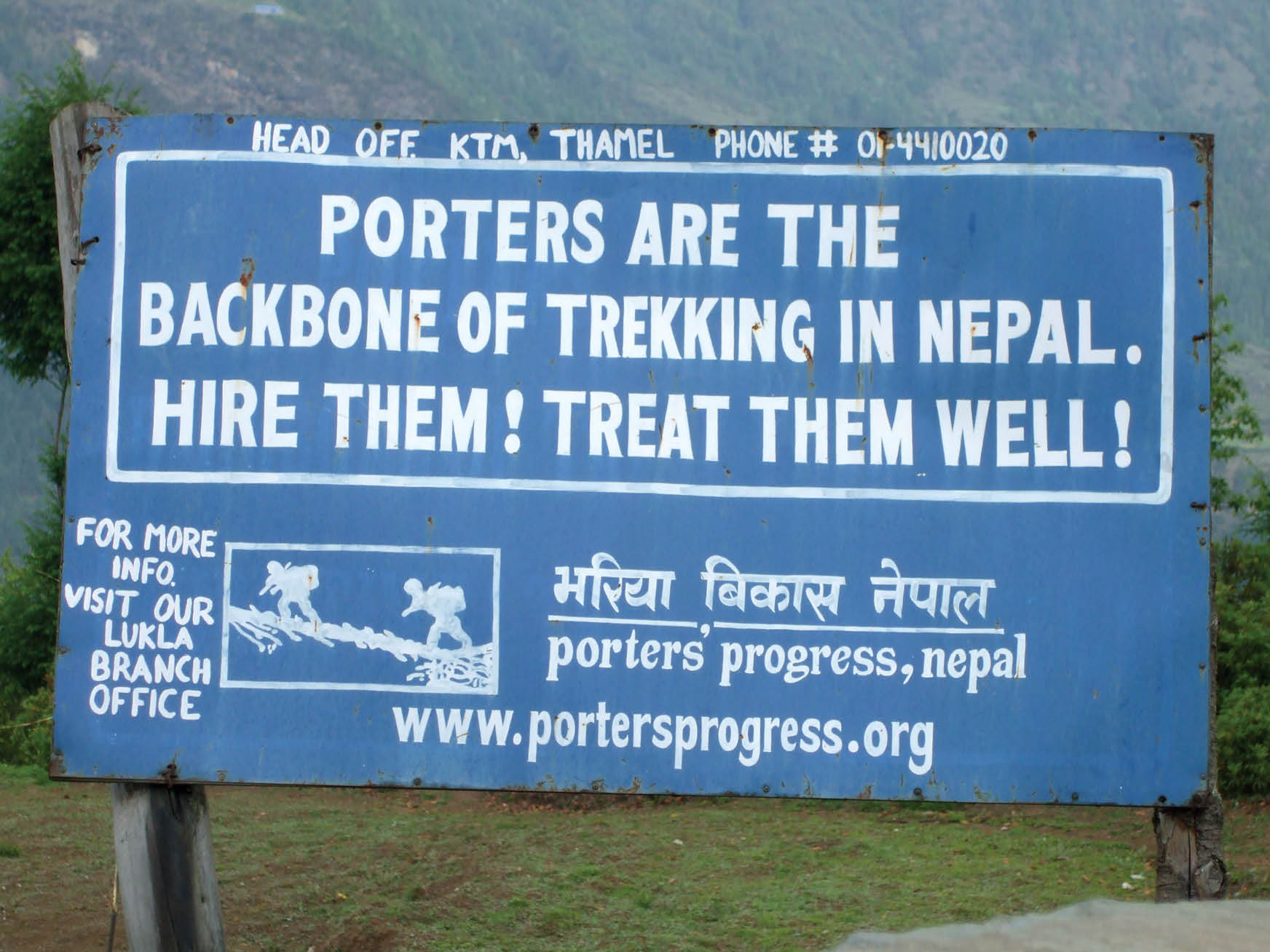 Sign for trekkers in Nepal that raises awareness of rights for sherpas and porters