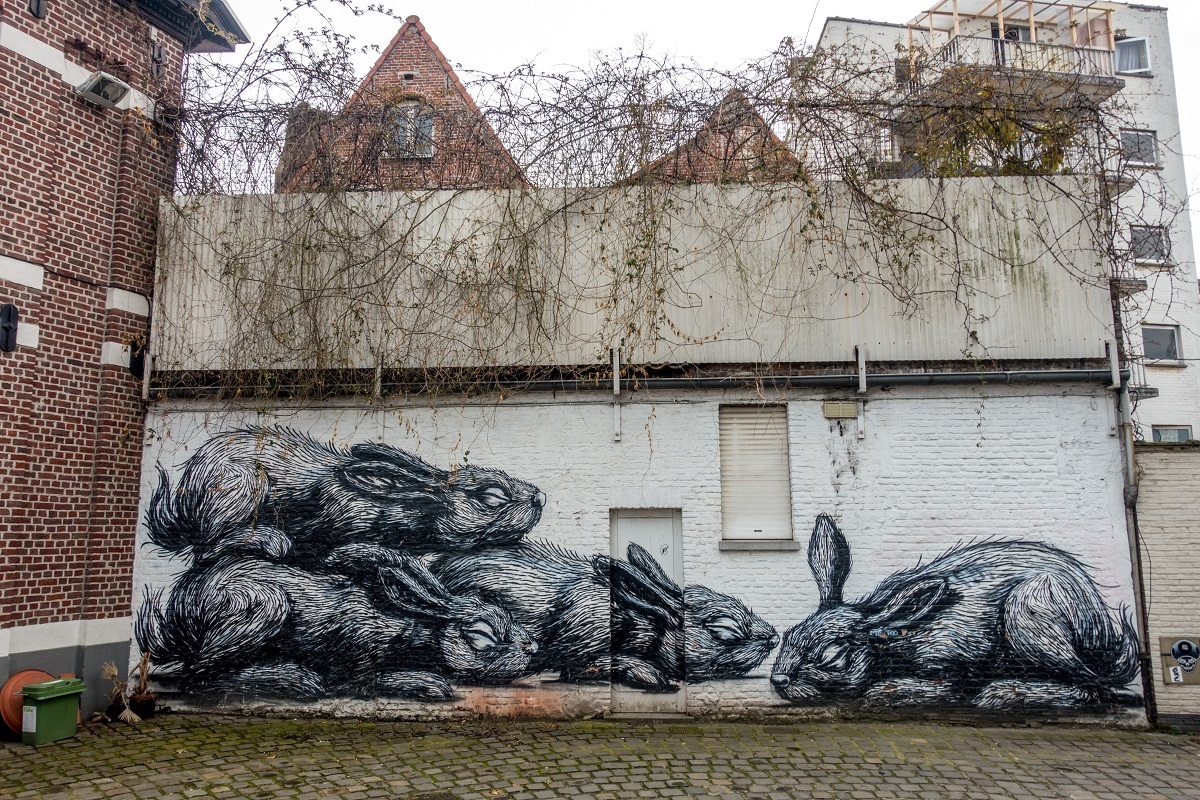Ghent street art mural with four rabbits