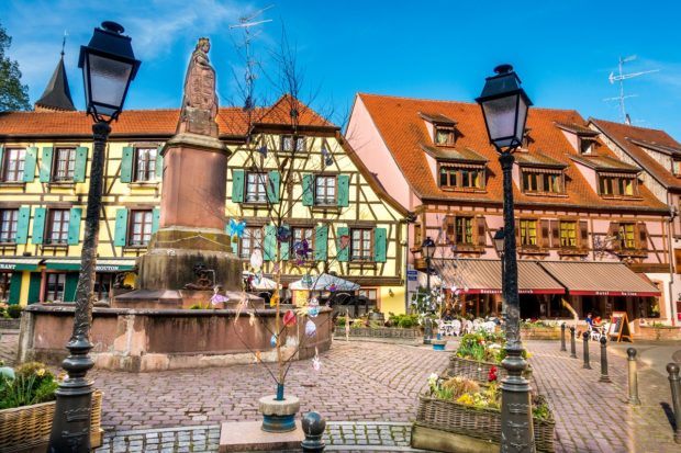 One of the ,squares in Ribeauville, France, a fun stop on the Route des Vins d'Alsace