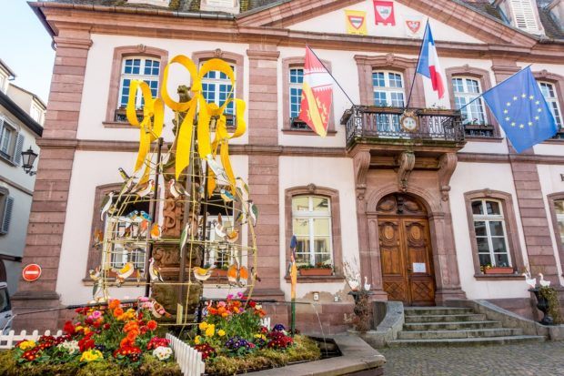 Easter decorations in front of the Hotel de Ville in Rebeauville, France