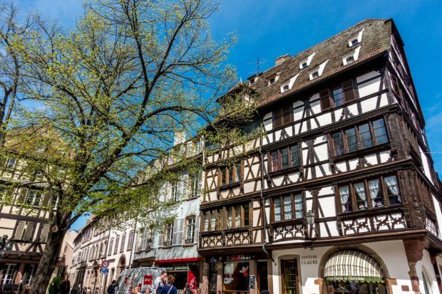 Strasbourg, France, the largest city in Alsace, features many beautiful half-timbered buildings