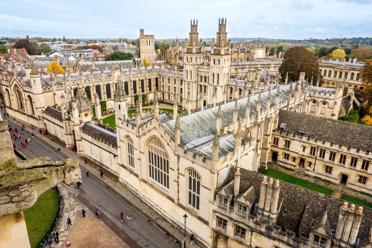 Buildings with spires at All Souls College seen from above