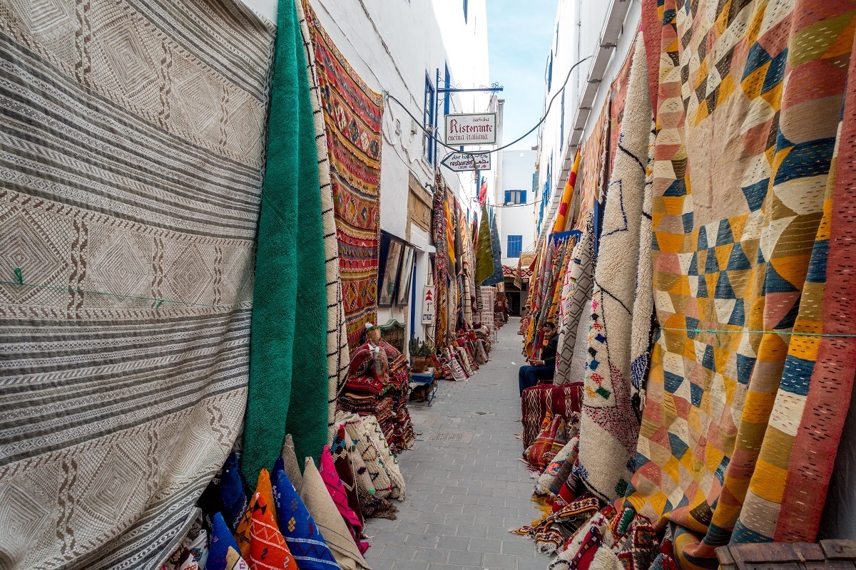 Rugs in the Essaouira medina. one of the UNESCO Morocco sites