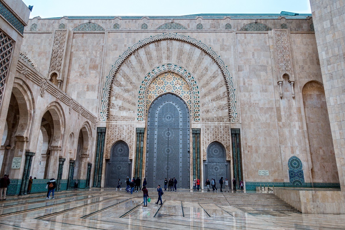 Ornate fascade of Hassan II Mosque in Casablanca, one of the most recognizable Morocco landmarks