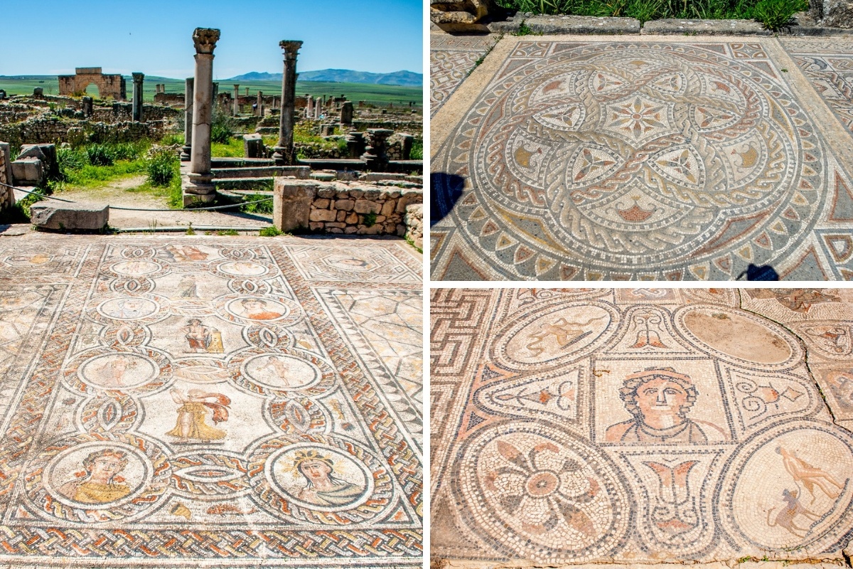 Photo collage of mosaics in Volubilis, one of the famous places in Morocco