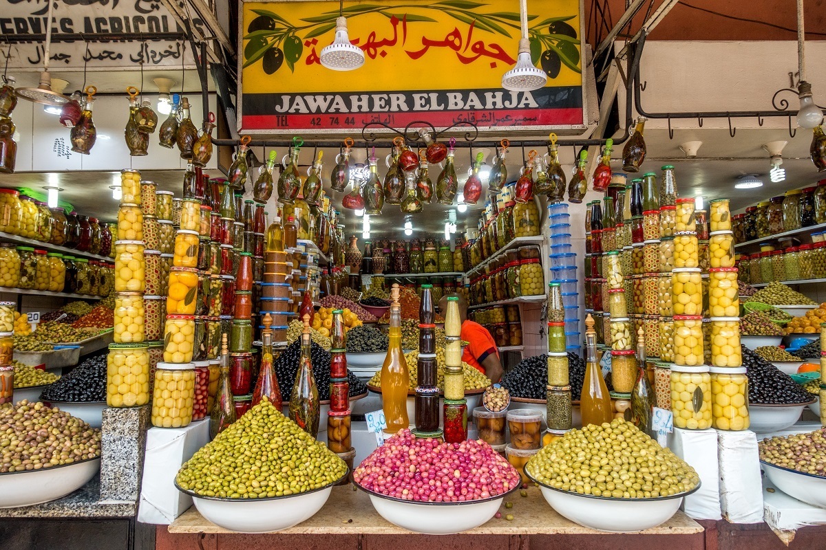 Sample olives and other foods in the medina in Marrakech Morocco