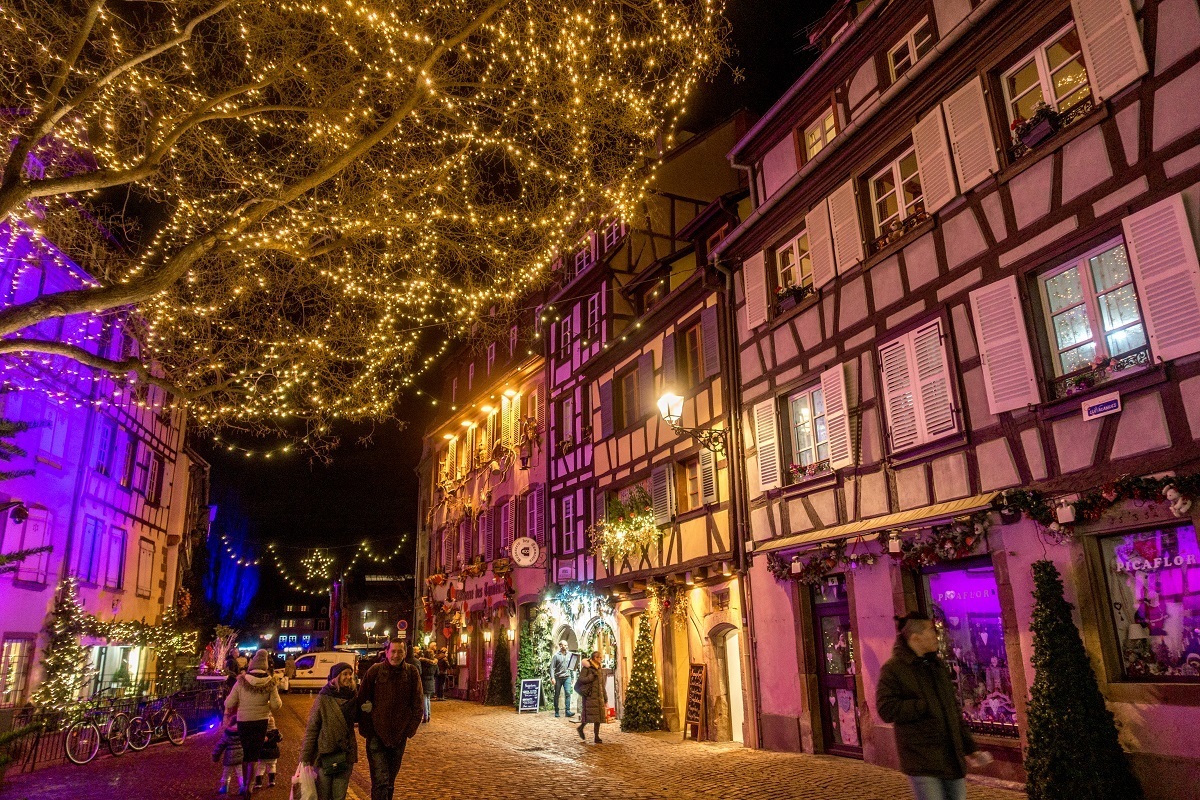 Rue des Tanneurs in Colmar, France, lit up at Christmas