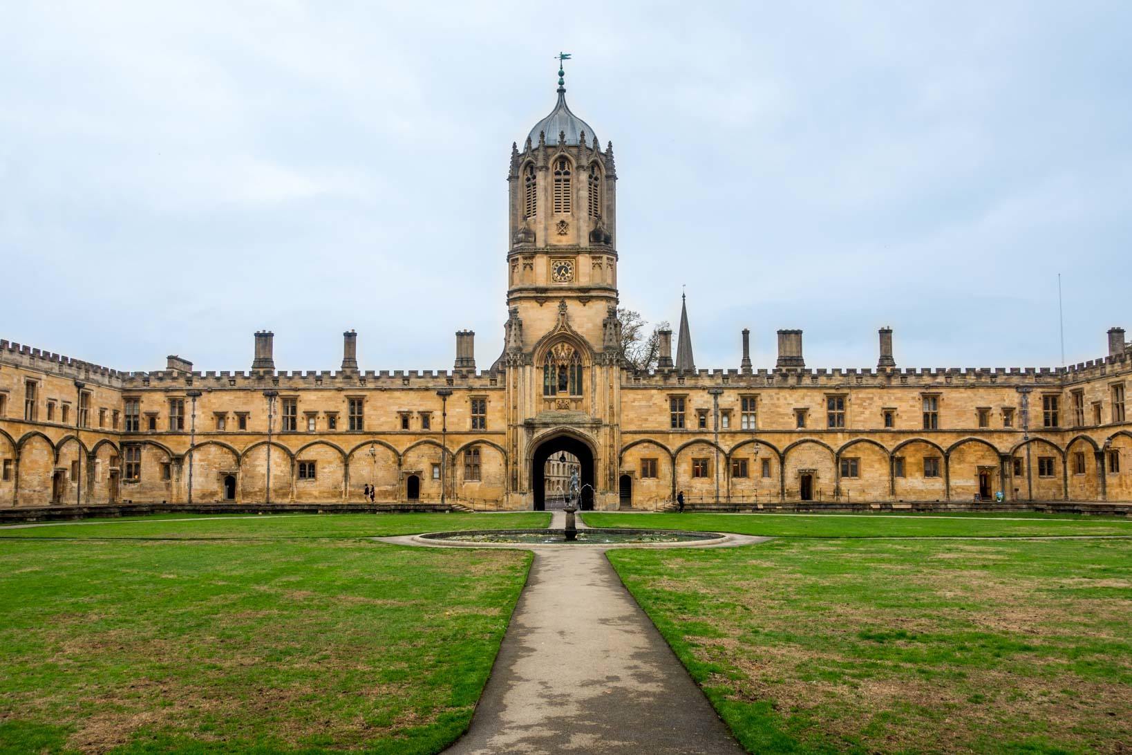Stone building with a bell tower around a quad at Christ Church University