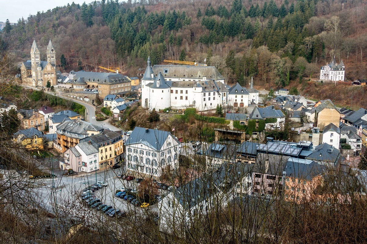 Overhead view of castle, church, and buildings of Clervaux, Luxembourg