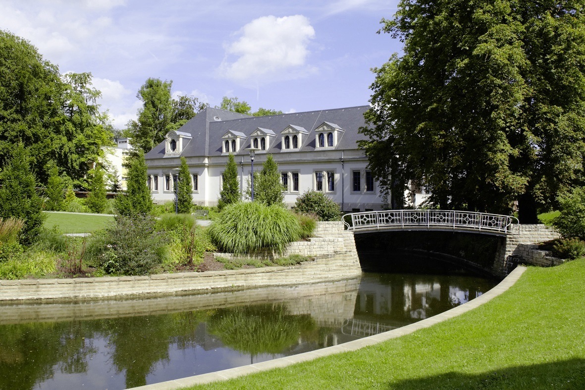 Building and bridge over river