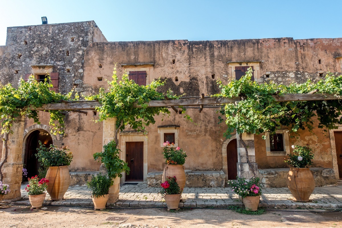 The inner courtyard of Arkadi Monastery with flower pots