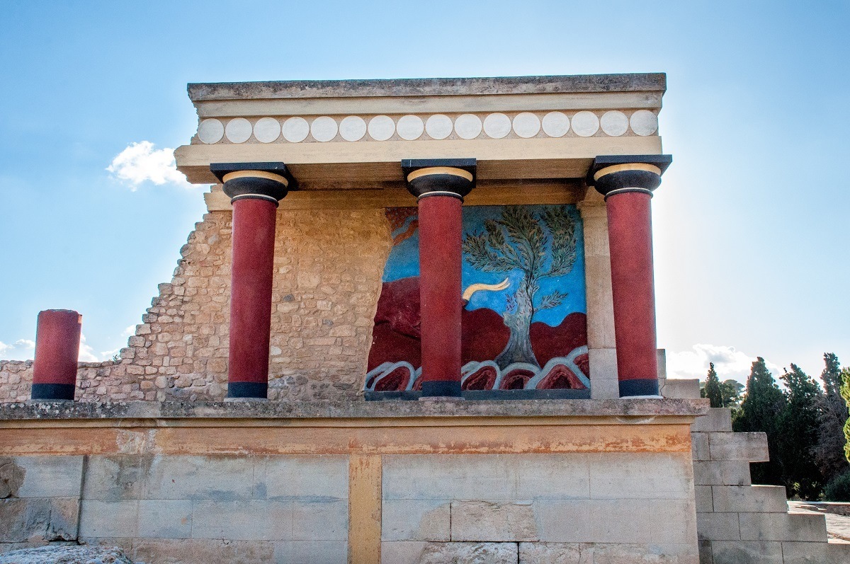 Painted columns and ruins of Bull Chamber at Palace of Knossos