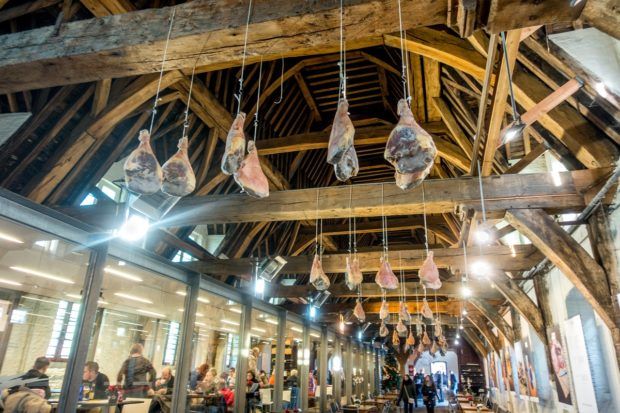The interior of the Butchers' Hall with its local food products is one of the Ghent Belgium points of interest