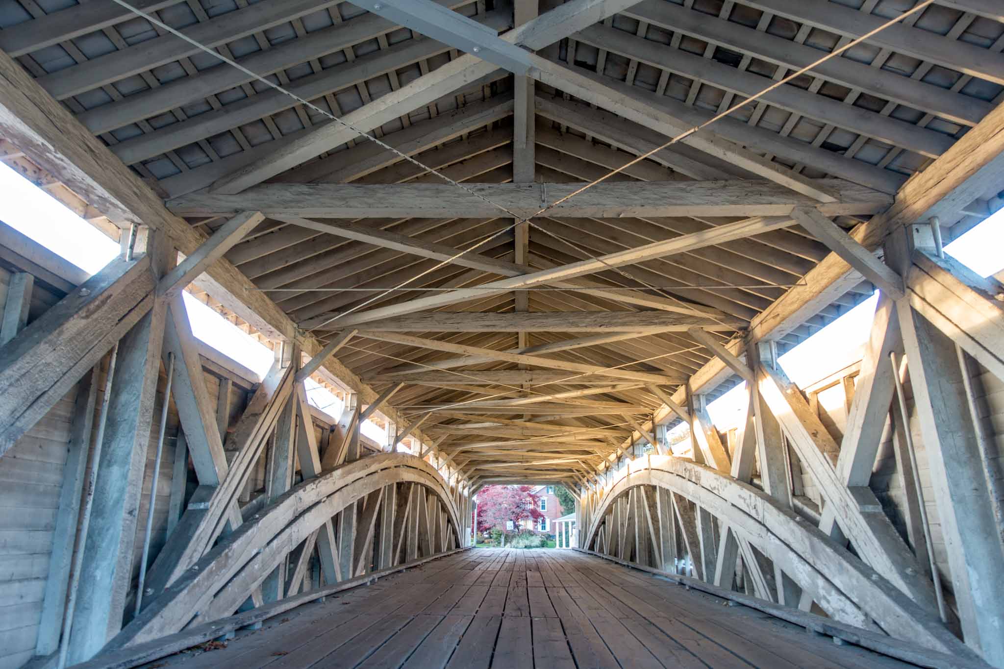 The interior of one of the old covered bridges in the Lehigh Valley near Allentown. Seeing the covered bridges is one of the best, free things to do in Llehigh Valley this weekend.