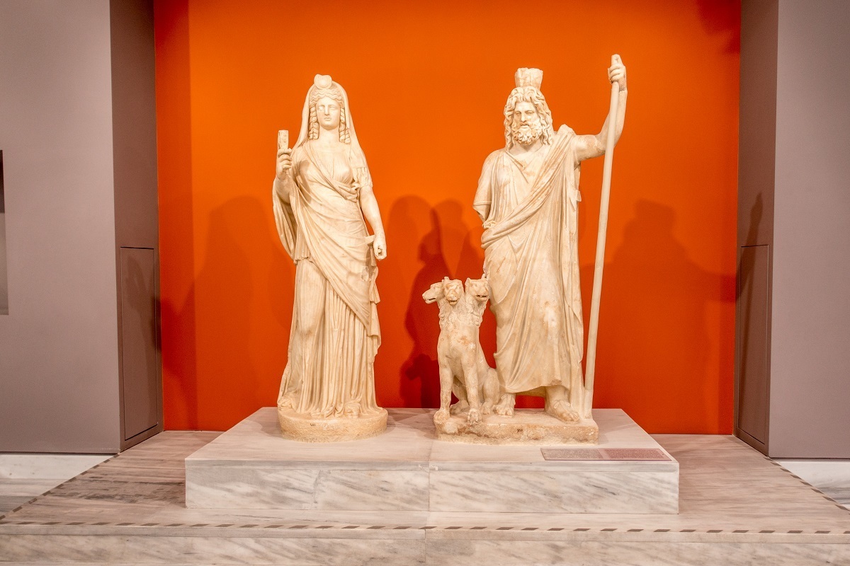 Statues of Persephone, Cerberus, and Pluto at Heraklion Archaeological Museum