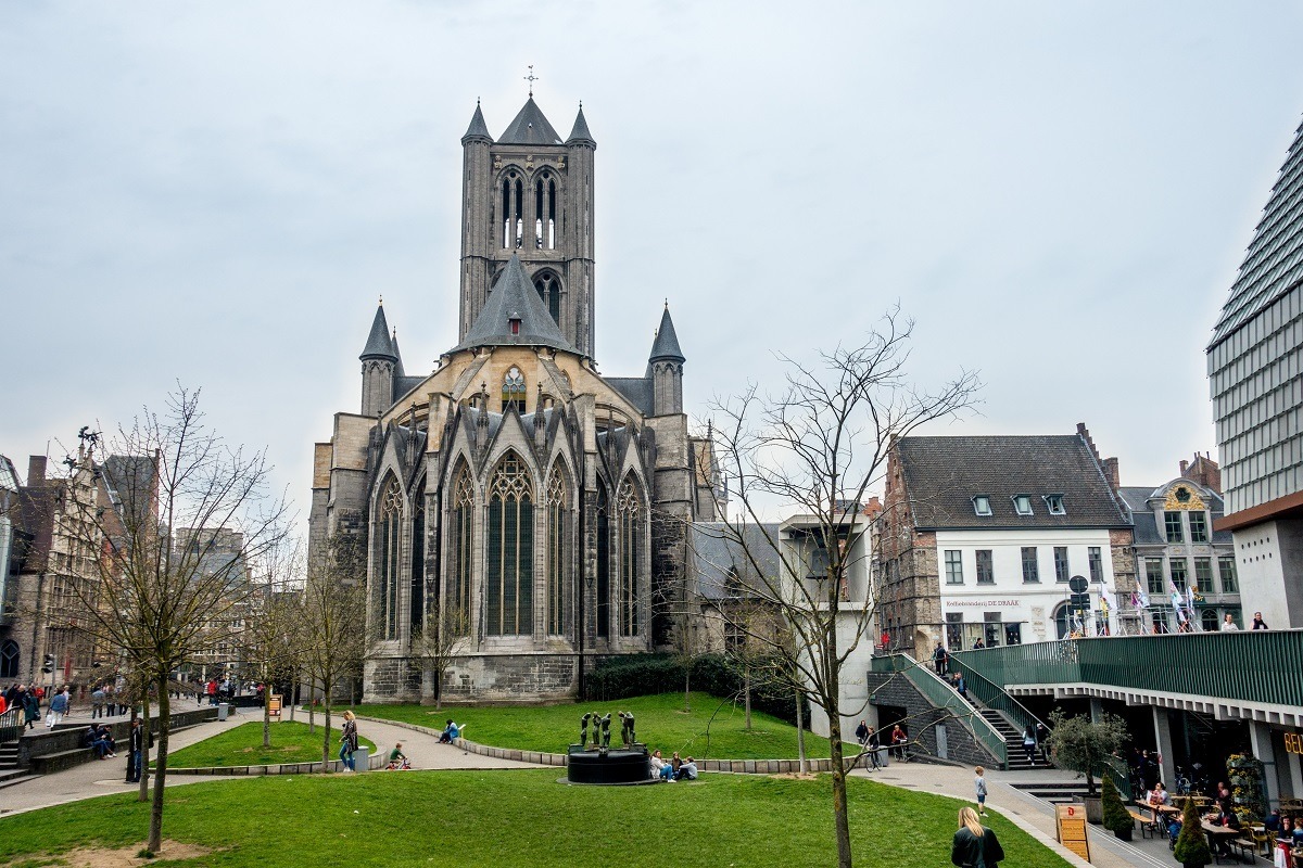 Exterior of church with arched windows and belltower