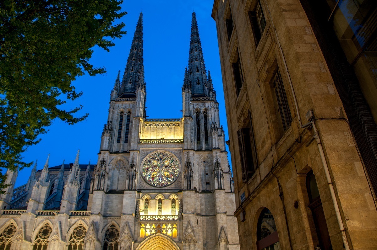 Towers and stained glass of the Cathedral Saint-Andre at night