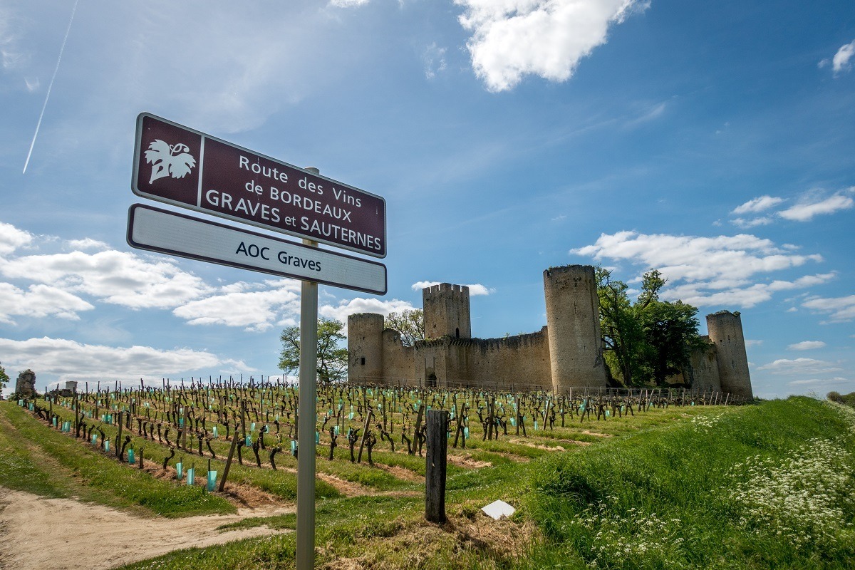 Road sign for the Routs des Vins near castle ruins and a vineyard