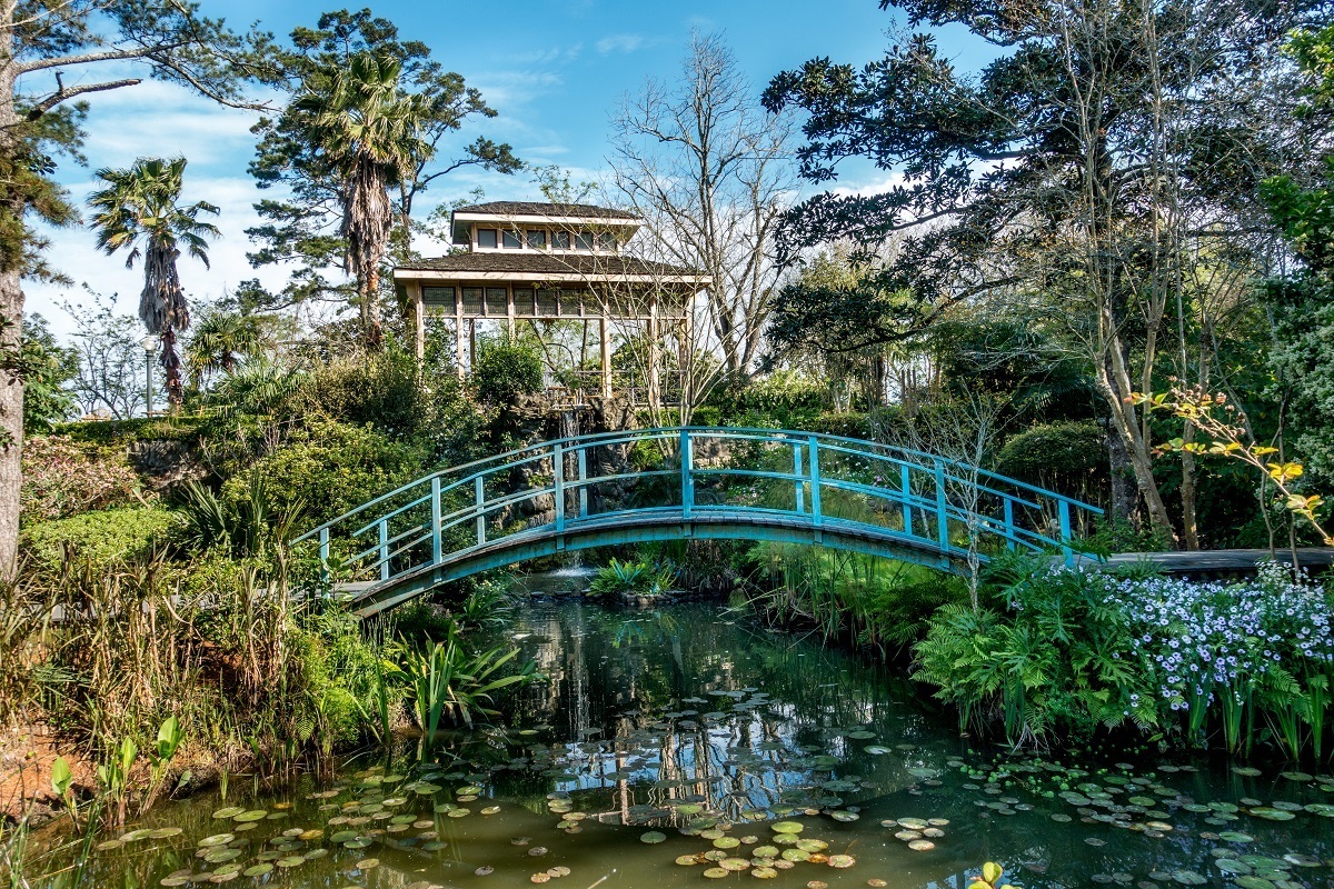 Japanese tea house, koi pond, and blue bridge at Houmas House