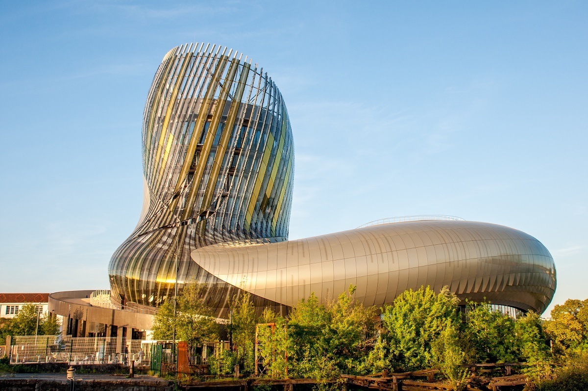 Golden, boot-shaped building known as La Cité du Vin wine museum