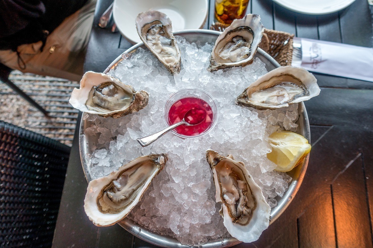 Oysters on the half shell on an ice platter in Arcachon France