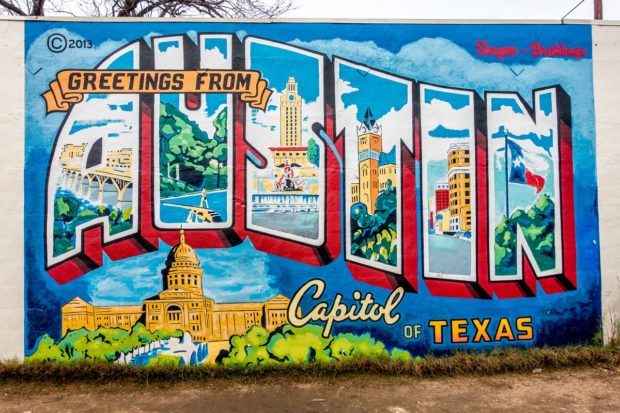 Looking for street art like the colorful, postcard-style "Greetings from Austin" mural is one of the fun Austin activities to do