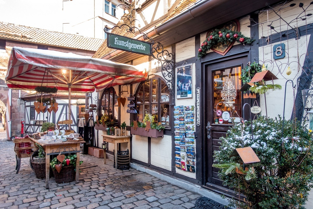 Half-timbered shop in Handwererkhof, one of the tourist attractions in Nuremberg