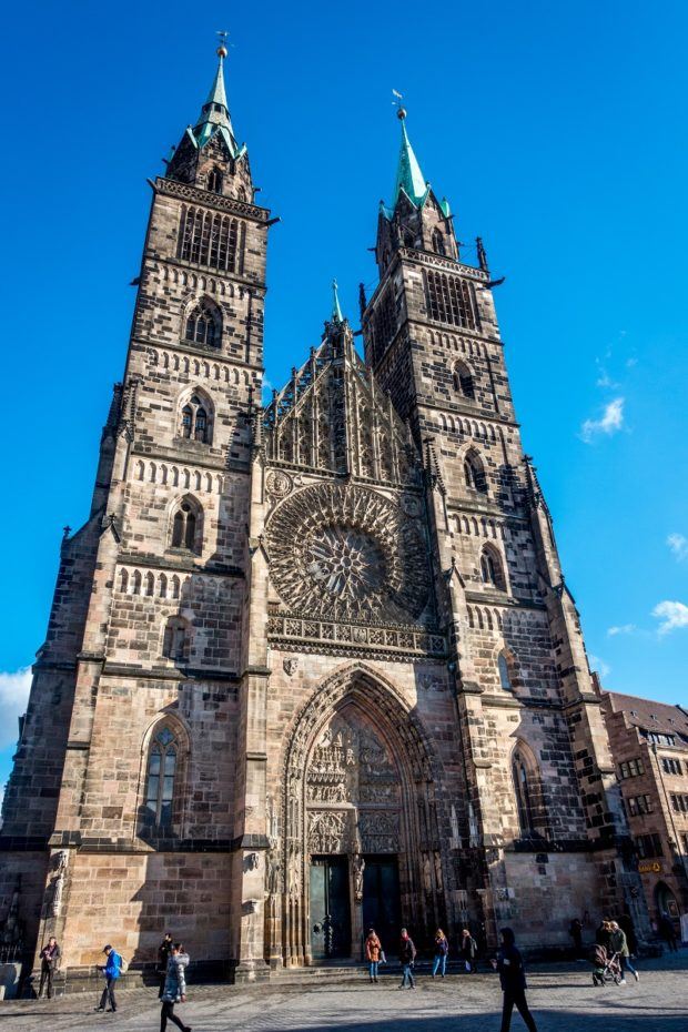 St Lorenzkirche (St Lawrence Church), one of the oldest churches in Nuremberg, has two towers and a magnificent rose stained glass window
