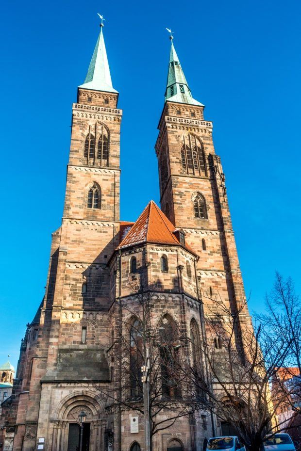 St. Sebald Church, one of the top places to see in Nuremberg, has two soaring towers