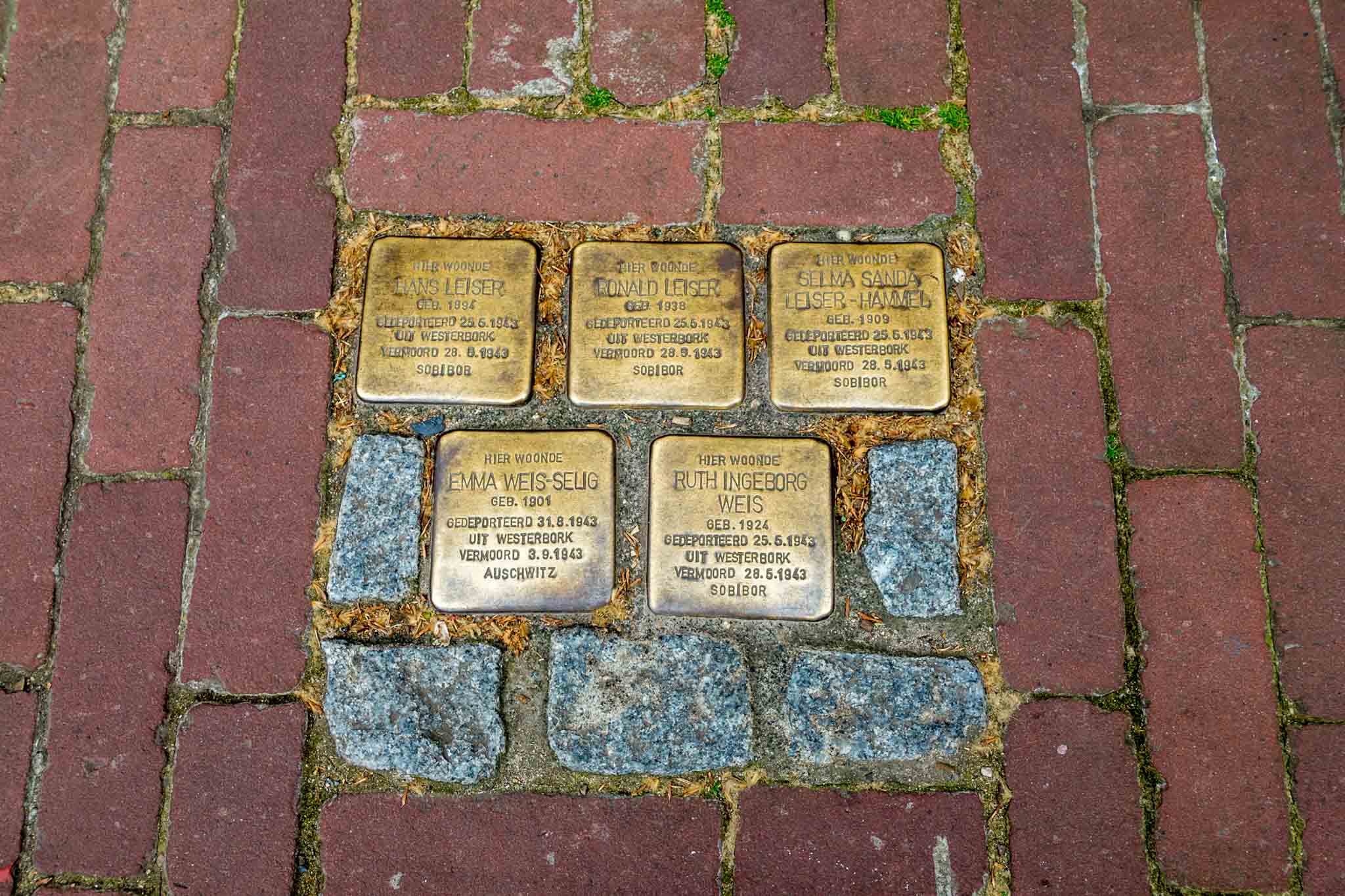 Golden stones in sidewalk with details about Holocaust victims