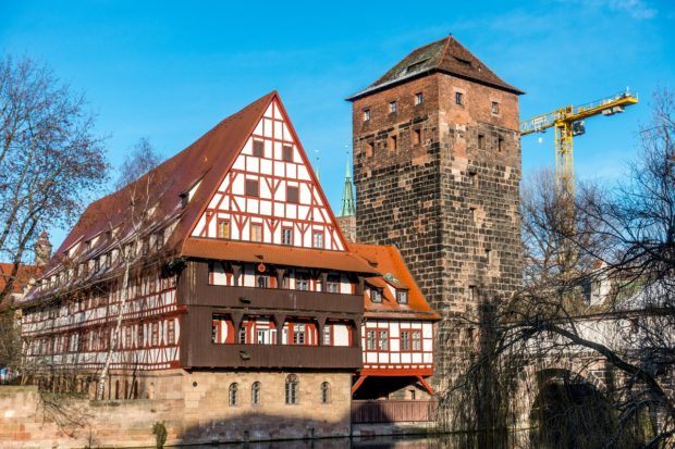 The Weinstadel is a 600-year-old red building that is the largest half-timbered building in Germany