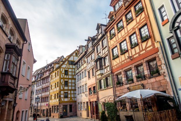 Weissgerbergasse is a collection of medieval half-timbered houses with bright facades that are among the best preserved in Nuremberg old town