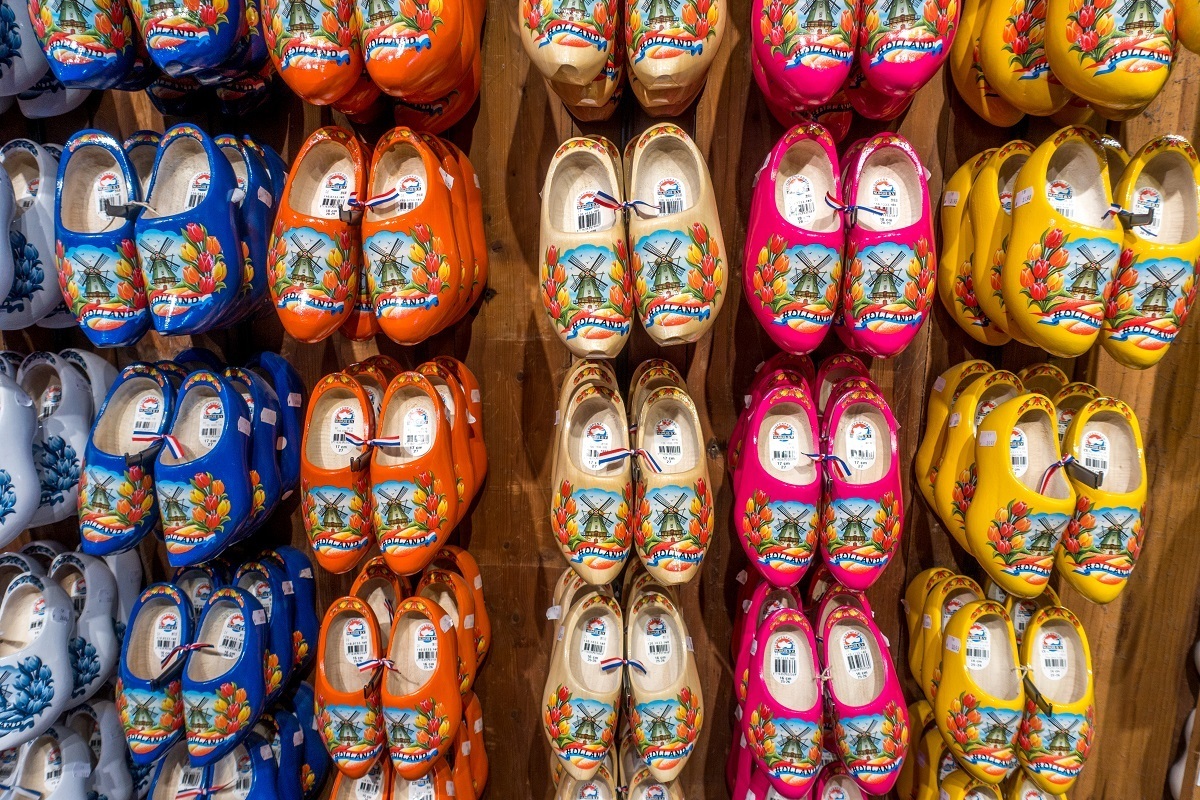 Multi-colored clogs for sale at the clog workshop at Zaanse Schans