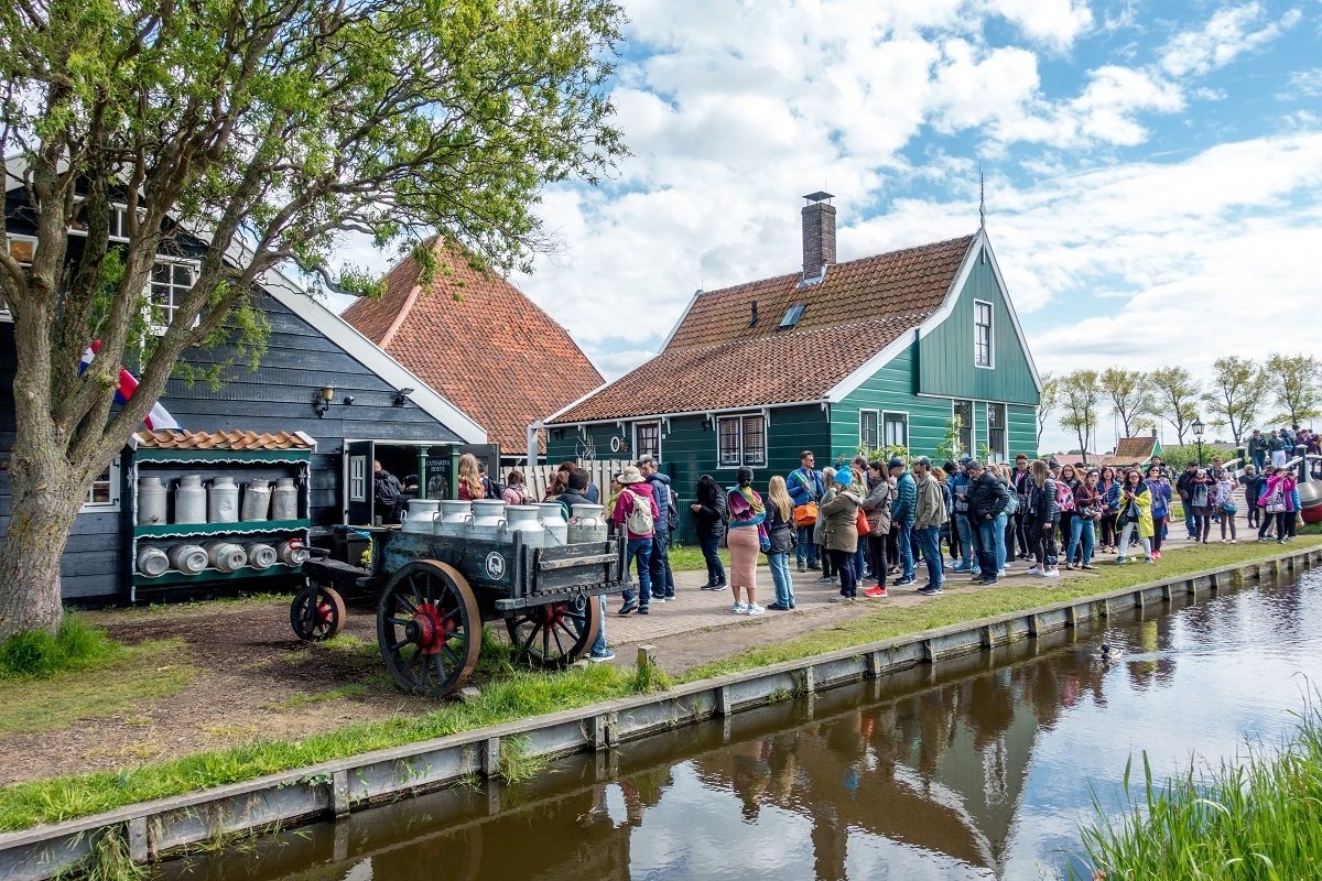 Crowds lined up at the cheese shop at Zaanse Schans Holland